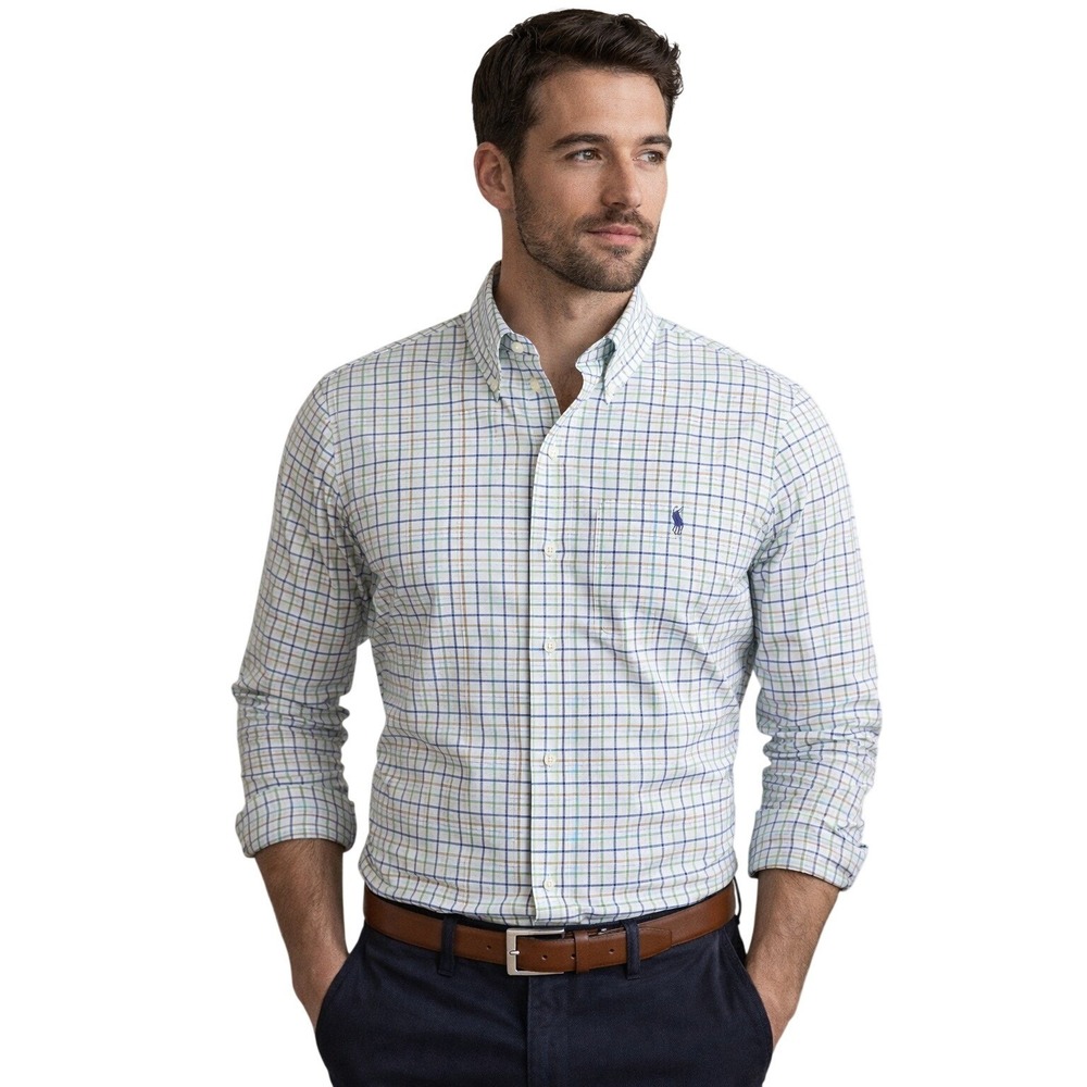 Ralph Lauren Custom Fit Plaid Shirt Blue Green Button Down Men's 16.5 / 34-35